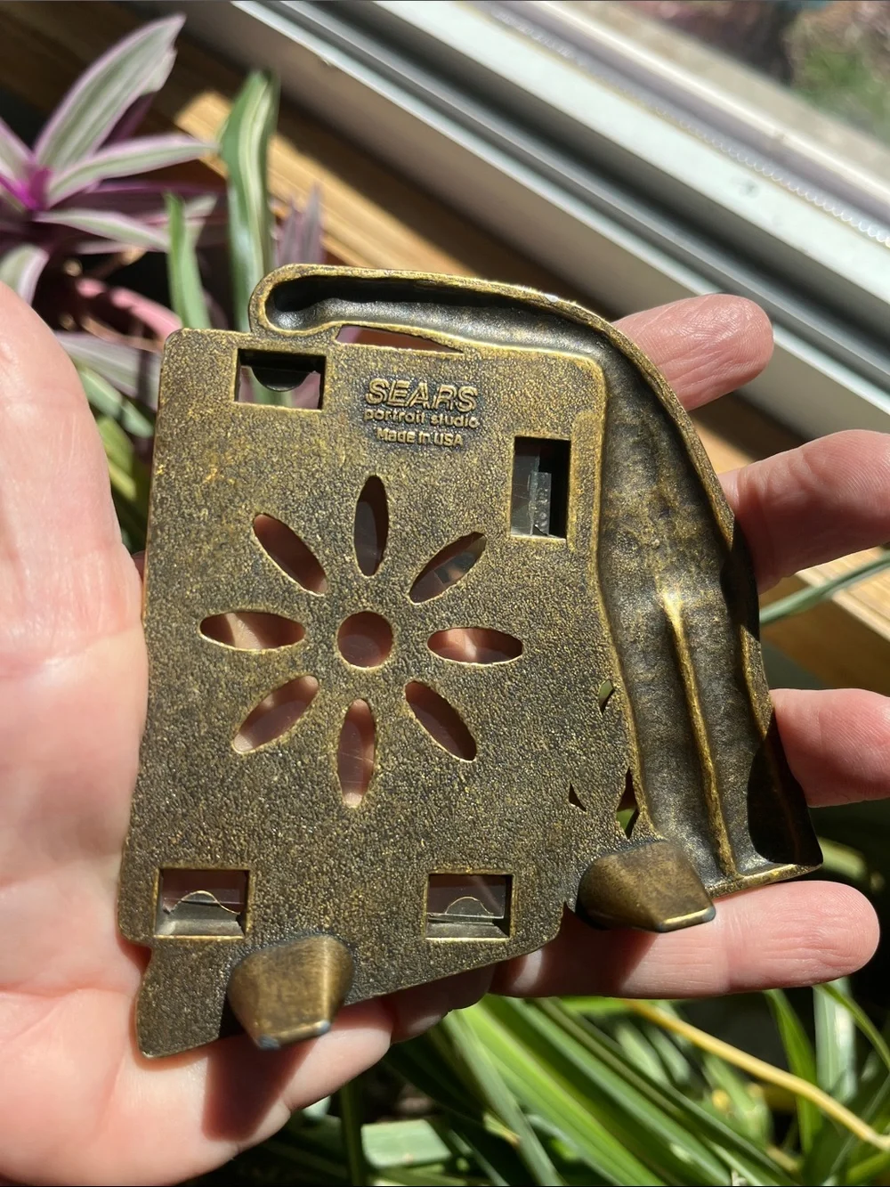 2 Vtg Sears Portrait Studio Dinosaur Sunflower Picture Frames Gold Tone Brass